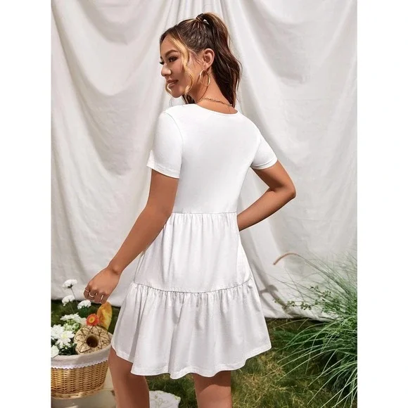 Short sleeve Ruffle Hem boho mini Dress white - Picture 2 of 11